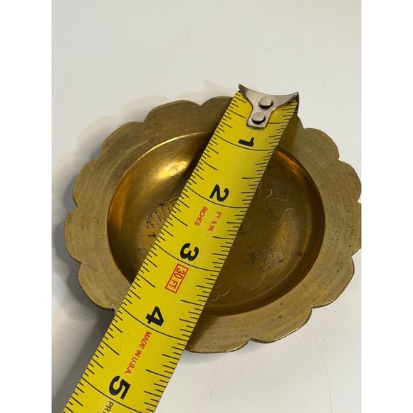 VTG BOHO Brass Ashtray Decorative Scalloped Edge Plate Dragon Engraved 4" - Picture 4 of 4